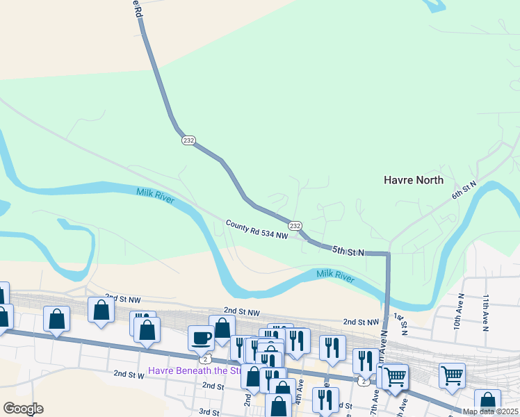 map of restaurants, bars, coffee shops, grocery stores, and more near Wildhorse Road in Havre