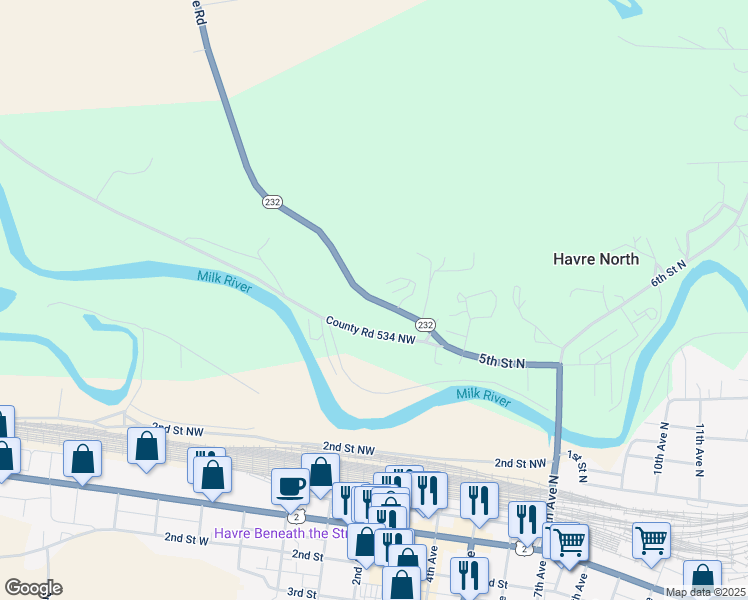 map of restaurants, bars, coffee shops, grocery stores, and more near Wildhorse Road in Havre