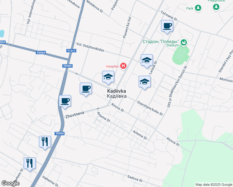 map of restaurants, bars, coffee shops, grocery stores, and more near in Kadiivka