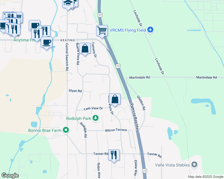 map of restaurants, bars, coffee shops, grocery stores, and more near 6525 Bella Vista Drive in Victoria
