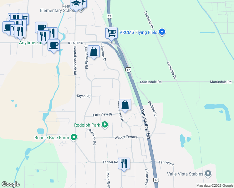 map of restaurants, bars, coffee shops, grocery stores, and more near 6534 Bella Vista Drive in Victoria