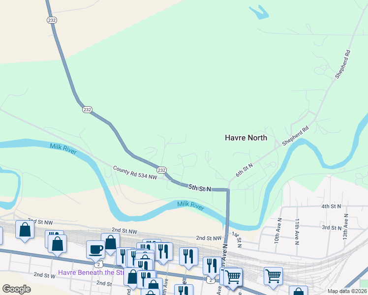 map of restaurants, bars, coffee shops, grocery stores, and more near 807 4th Avenue North in Havre