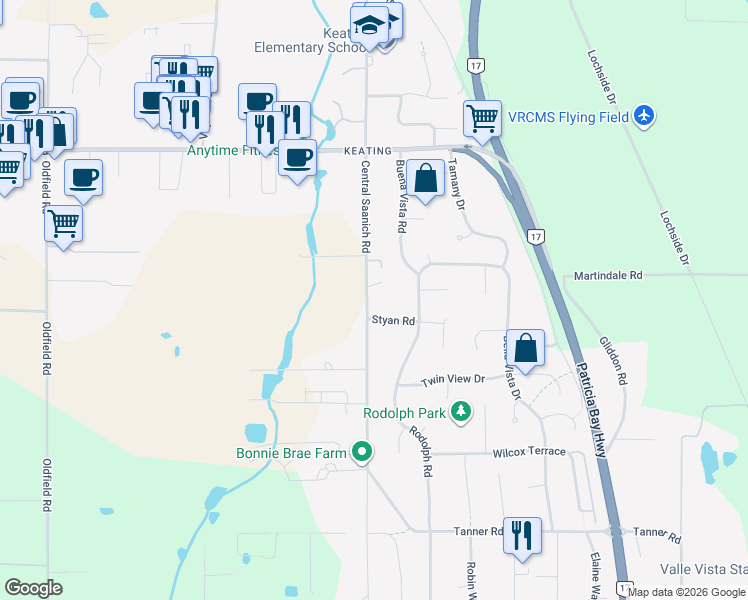 map of restaurants, bars, coffee shops, grocery stores, and more near 6585 Central Saanich Road in Victoria