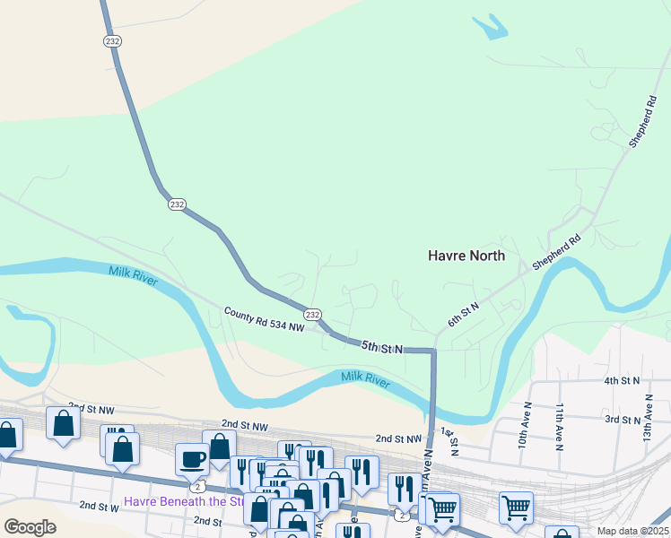 map of restaurants, bars, coffee shops, grocery stores, and more near 807 4th Avenue North in Havre