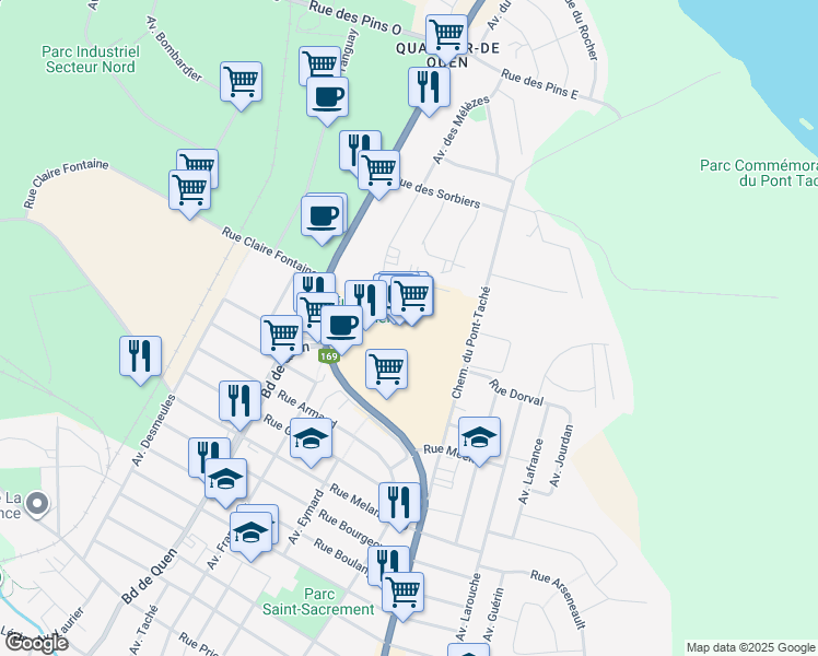 map of restaurants, bars, coffee shops, grocery stores, and more near 705 Avenue du Pont Nord in Alma