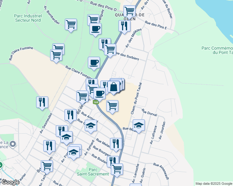 map of restaurants, bars, coffee shops, grocery stores, and more near 705 Avenue du Pont Nord in Alma