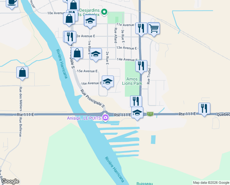 map of restaurants, bars, coffee shops, grocery stores, and more near 242 Rue Drouin in Amos