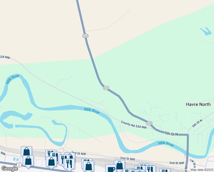 map of restaurants, bars, coffee shops, grocery stores, and more near 995 Wildhorse Rd in Havre