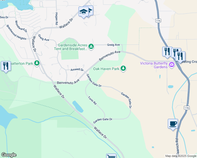 map of restaurants, bars, coffee shops, grocery stores, and more near 1251 Garden Gate Drive in Brentwood Bay