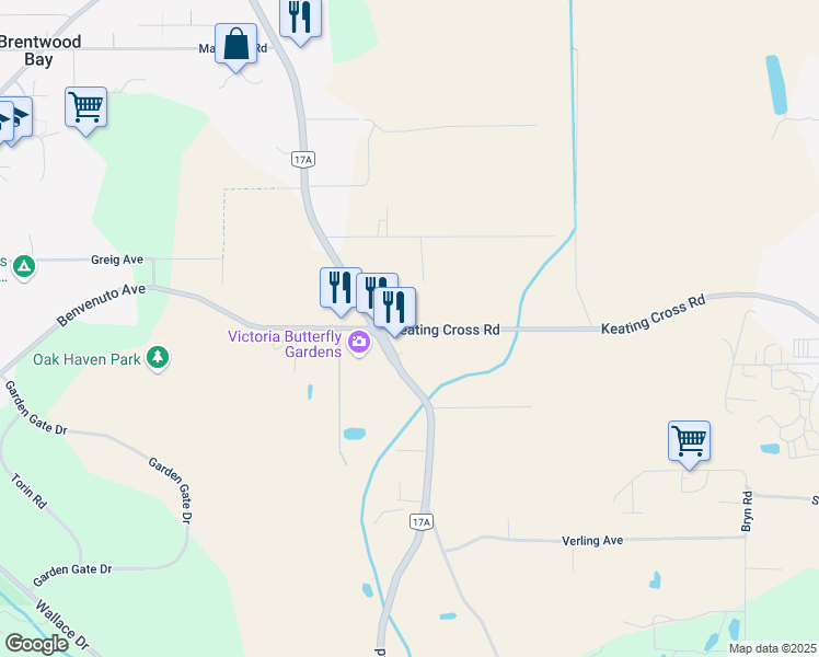 map of restaurants, bars, coffee shops, grocery stores, and more near 1512 Keating Cross Road in Saanichton
