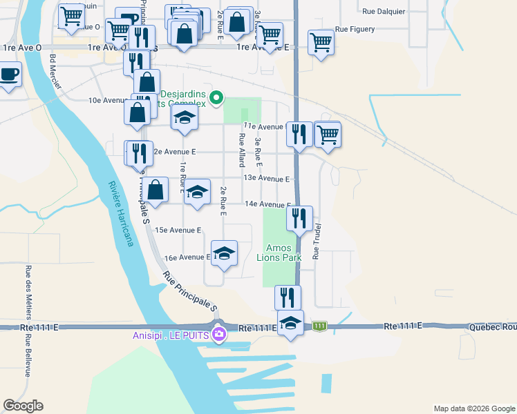 map of restaurants, bars, coffee shops, grocery stores, and more near 77 3e Avenue Ouest in Amos