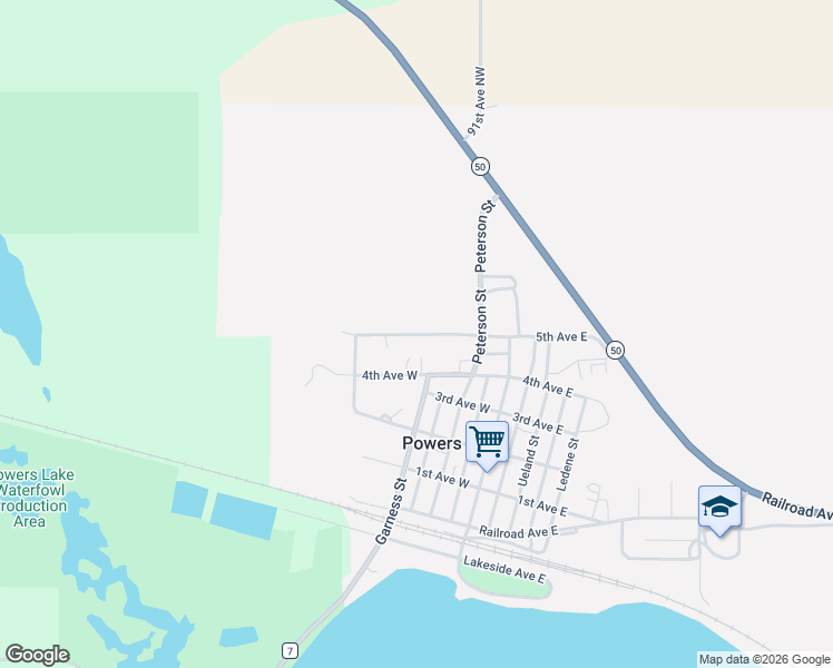 map of restaurants, bars, coffee shops, grocery stores, and more near 208 5th Avenue West in Powers Lake
