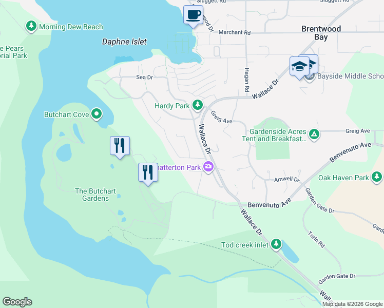 map of restaurants, bars, coffee shops, grocery stores, and more near 6736 Jedora Drive in Brentwood Bay
