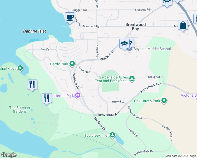 map of restaurants, bars, coffee shops, grocery stores, and more near 1003 Greig Avenue in Brentwood Bay
