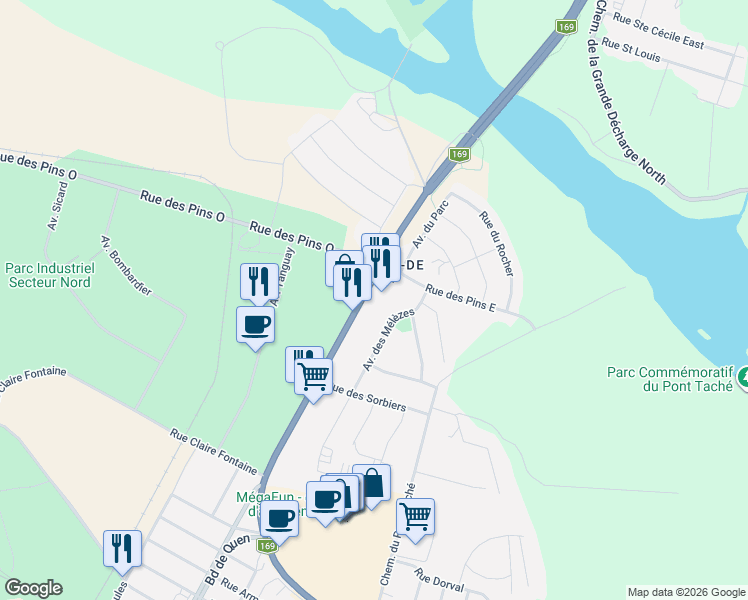 map of restaurants, bars, coffee shops, grocery stores, and more near 985 Québec 169 in Alma