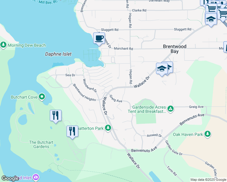 map of restaurants, bars, coffee shops, grocery stores, and more near 6877 Wallace Drive in Brentwood Bay