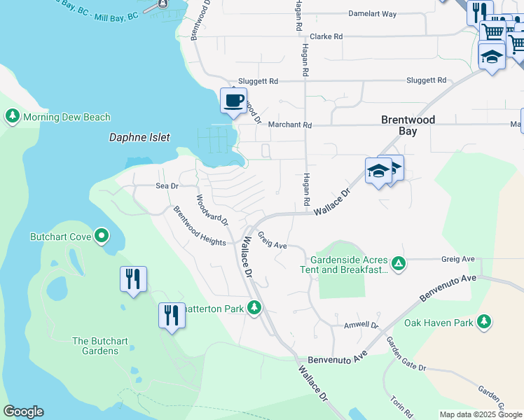 map of restaurants, bars, coffee shops, grocery stores, and more near 6877 Wallace Drive in Brentwood Bay