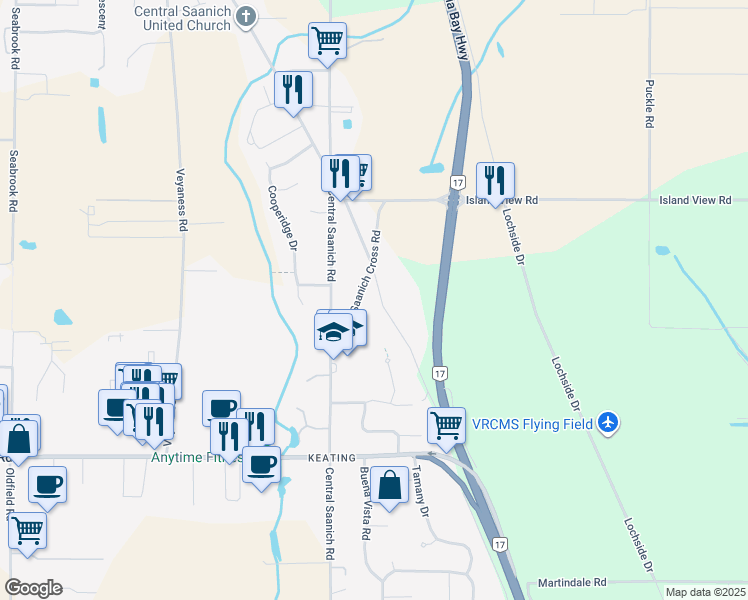 map of restaurants, bars, coffee shops, grocery stores, and more near 6890 East Saanich Road in Victoria