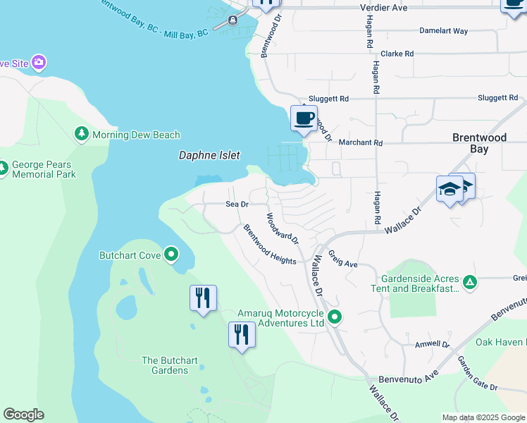 map of restaurants, bars, coffee shops, grocery stores, and more near 823 Sea Drive in Brentwood Bay