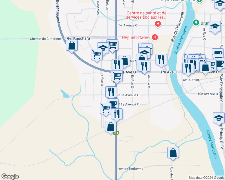 map of restaurants, bars, coffee shops, grocery stores, and more near 421 Route 111 Ouest in Amos