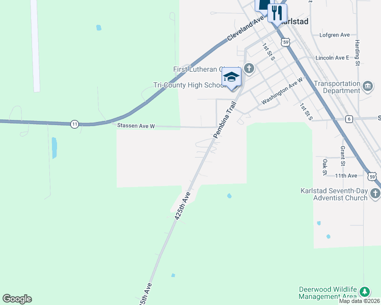 map of restaurants, bars, coffee shops, grocery stores, and more near 605 Pembina Trail in Karlstad