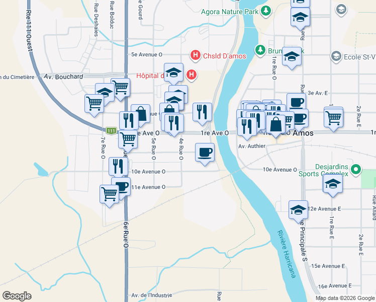 map of restaurants, bars, coffee shops, grocery stores, and more near 631 Avenue Létourneau in Amos