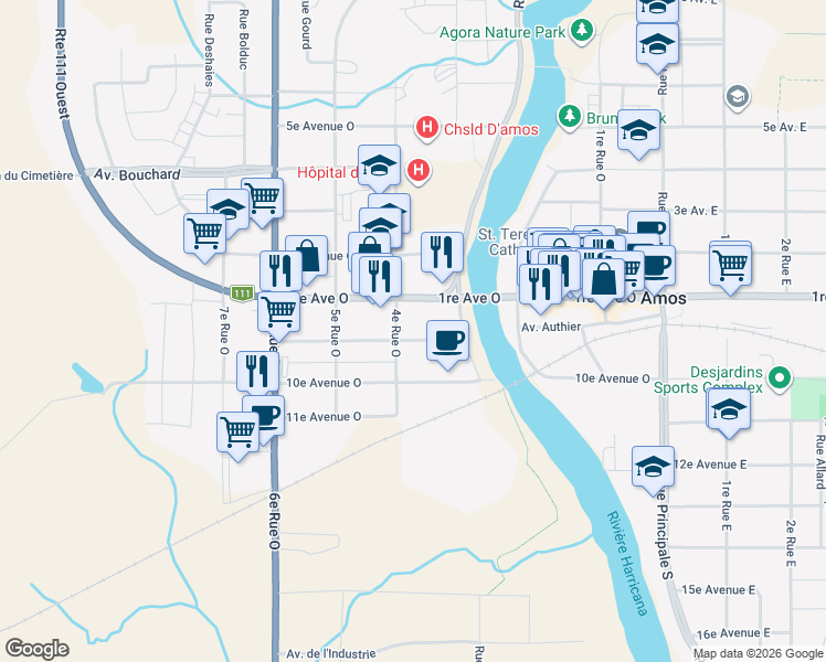 map of restaurants, bars, coffee shops, grocery stores, and more near 627 Avenue Létourneau in Amos