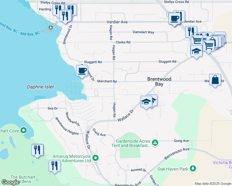 map of restaurants, bars, coffee shops, grocery stores, and more near 6965 Hagan Road in Brentwood Bay