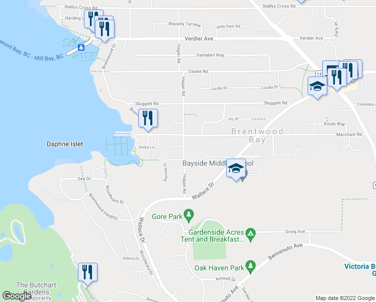 map of restaurants, bars, coffee shops, grocery stores, and more near 6975 Hagan Road in Brentwood Bay