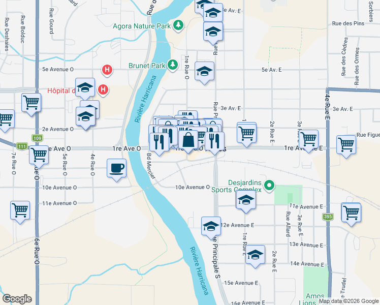 map of restaurants, bars, coffee shops, grocery stores, and more near 492 1re Rue Ouest in Amos