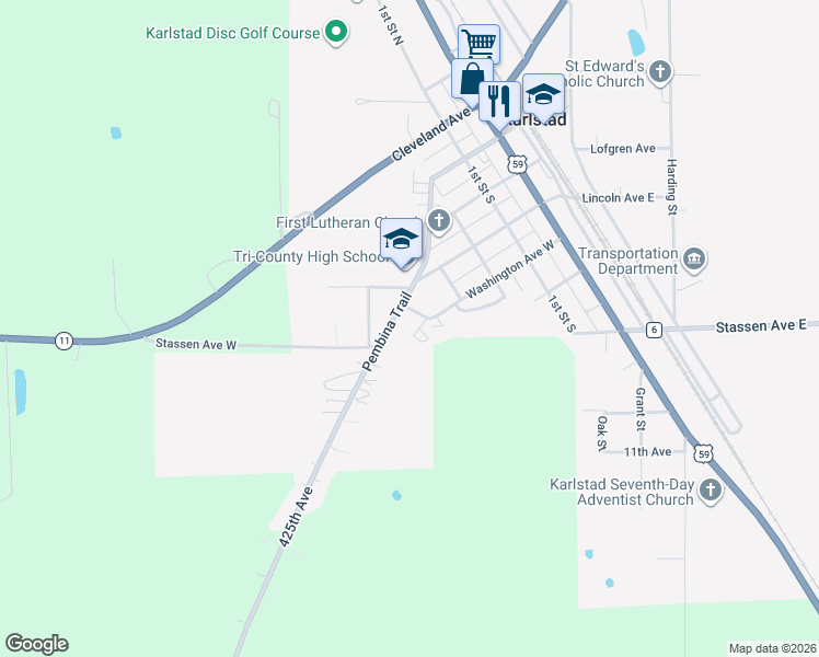 map of restaurants, bars, coffee shops, grocery stores, and more near 408 Washington Avenue West in Karlstad