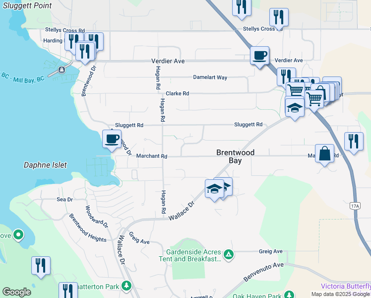 map of restaurants, bars, coffee shops, grocery stores, and more near 7019 Con Ada Road in Brentwood Bay