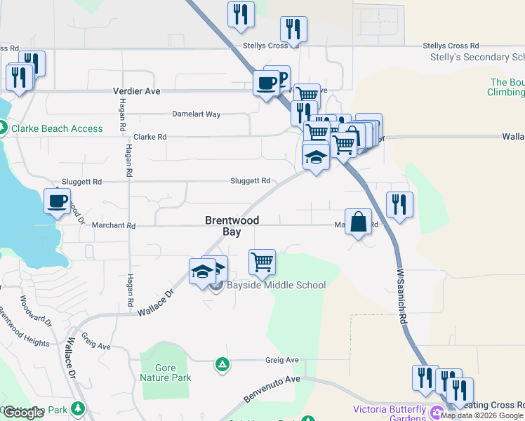 map of restaurants, bars, coffee shops, grocery stores, and more near 7029 Wallace Drive in Brentwood Bay