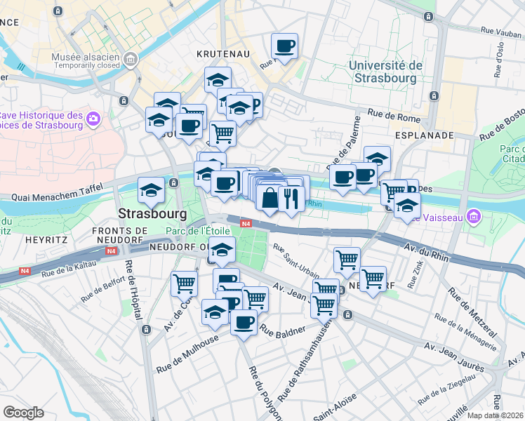 map of restaurants, bars, coffee shops, grocery stores, and more near 3 Place Dauphine in Strasbourg