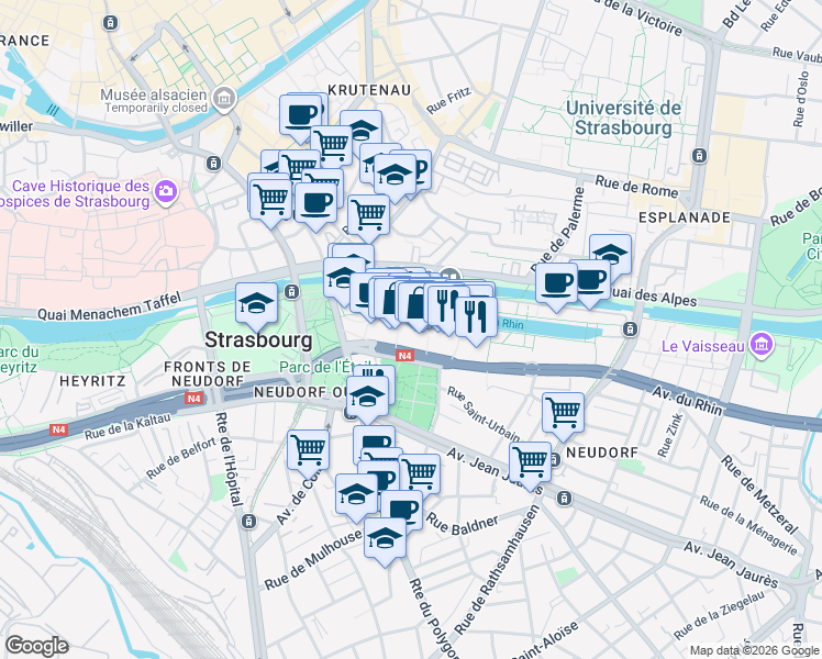 map of restaurants, bars, coffee shops, grocery stores, and more near 3 Place Dauphine in Strasbourg