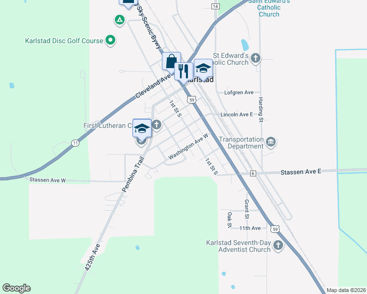 map of restaurants, bars, coffee shops, grocery stores, and more near 205 Washington Avenue West in Karlstad