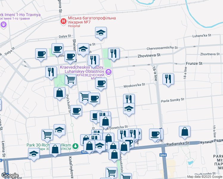 map of restaurants, bars, coffee shops, grocery stores, and more near in Luhansk