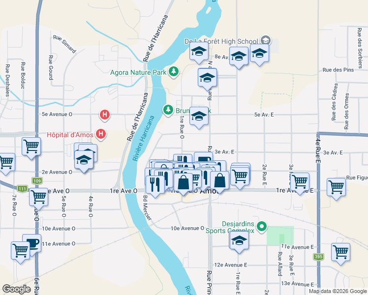 map of restaurants, bars, coffee shops, grocery stores, and more near 77 3e Avenue Ouest in Amos