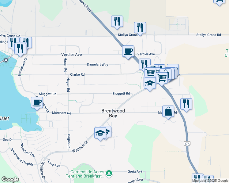 map of restaurants, bars, coffee shops, grocery stores, and more near 1146 Sluggett Road in Brentwood Bay