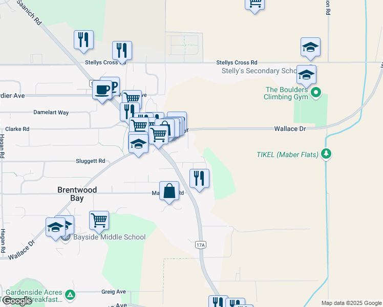 map of restaurants, bars, coffee shops, grocery stores, and more near 7065 Silverdale Place in Brentwood Bay