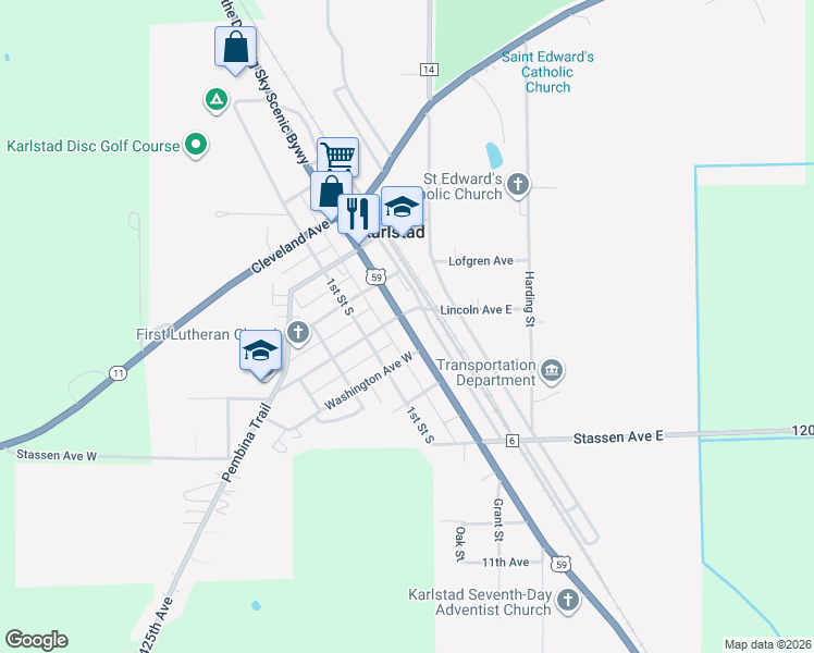 map of restaurants, bars, coffee shops, grocery stores, and more near 504 Main Street in Karlstad