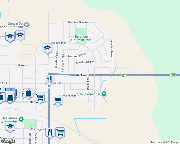 map of restaurants, bars, coffee shops, grocery stores, and more near 703 Rue des Plaines in Amos