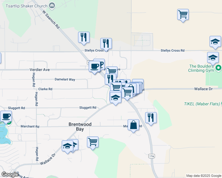 map of restaurants, bars, coffee shops, grocery stores, and more near 7130 West Saanich Road in Brentwood Bay