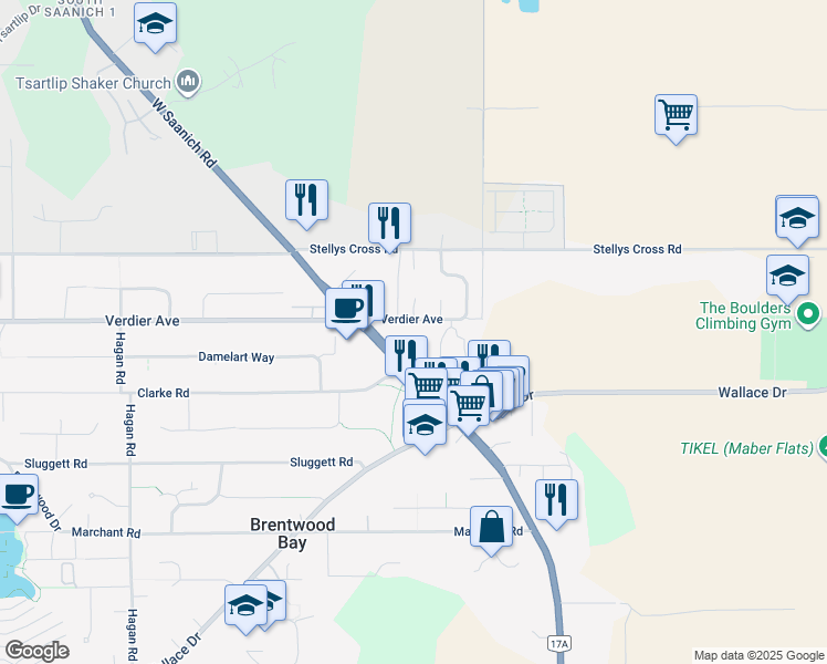 map of restaurants, bars, coffee shops, grocery stores, and more near 1255 Verdier Avenue in Brentwood Bay