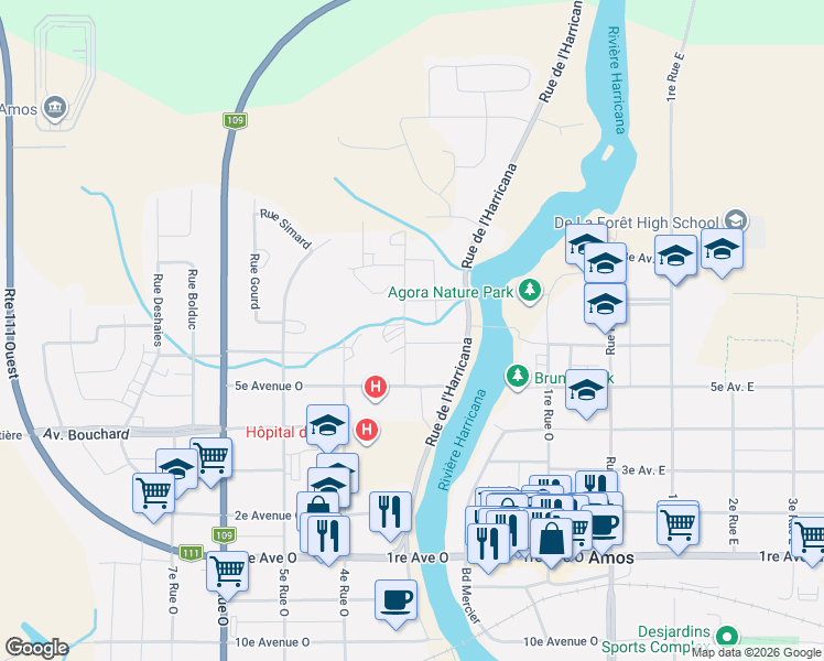 map of restaurants, bars, coffee shops, grocery stores, and more near 541 6e Avenue Ouest in Amos