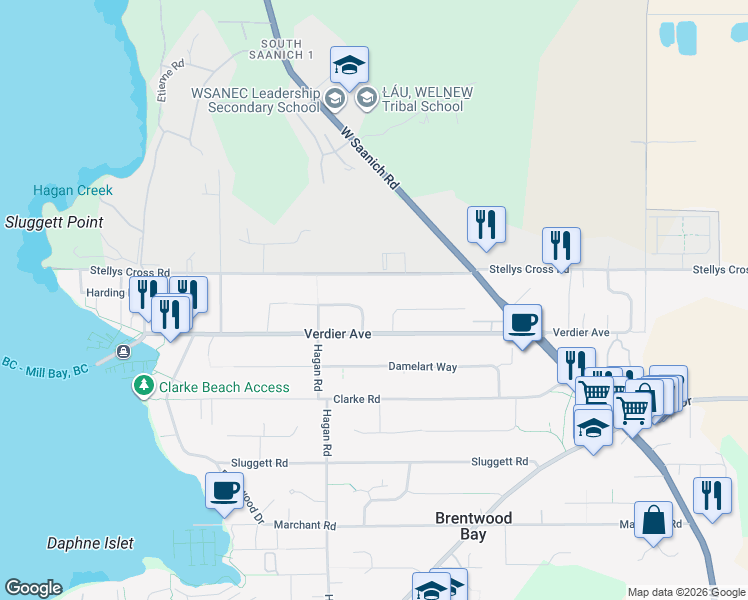 map of restaurants, bars, coffee shops, grocery stores, and more near 1034 Waverly Terrace in Brentwood Bay