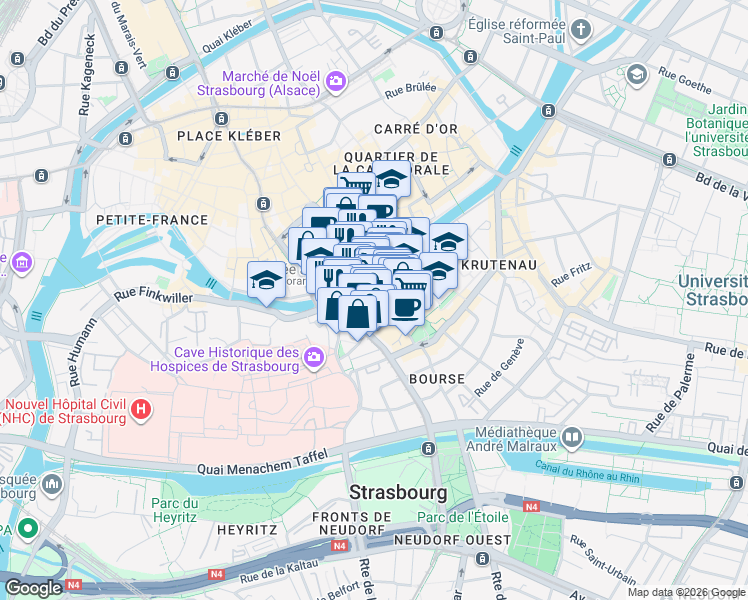 map of restaurants, bars, coffee shops, grocery stores, and more near 4 Rue des Bouchers in Strasbourg
