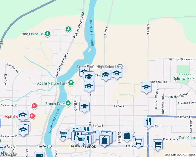 map of restaurants, bars, coffee shops, grocery stores, and more near 32 8e Avenue Est in Amos