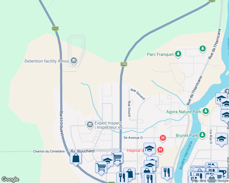 map of restaurants, bars, coffee shops, grocery stores, and more near 132 Rue Carignan in Amos