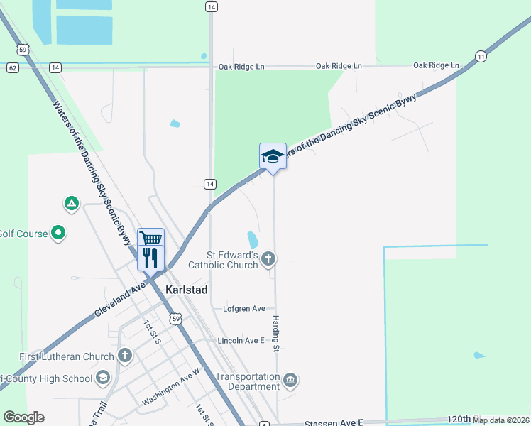 map of restaurants, bars, coffee shops, grocery stores, and more near 109 Harding Street in Karlstad